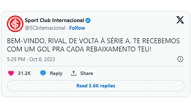 "Um gol para cada rebaixamento"; Inter provoca o Grêmio após vitória