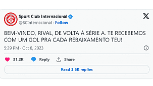 "Um gol para cada rebaixamento"; Inter provoca o Grêmio após vitória