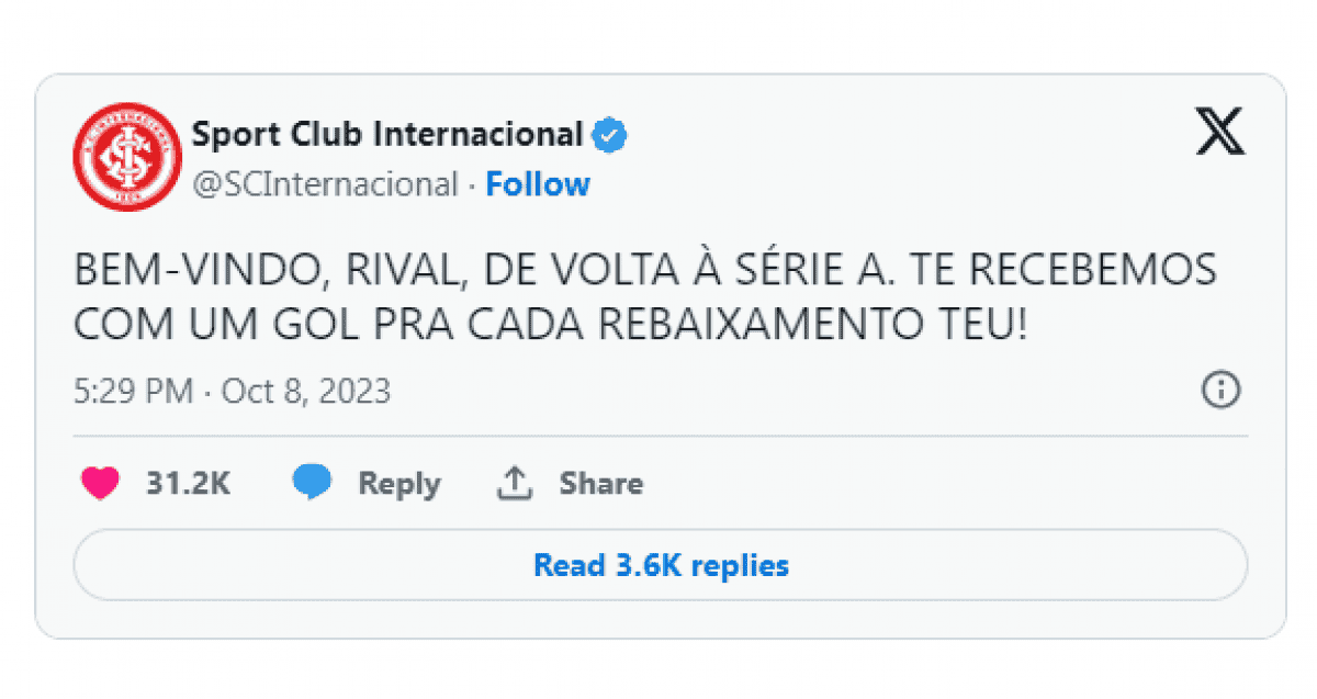 Inter provoca Grêmio após vitória no Gre-Nal: “Um gol para cada  rebaixamento”